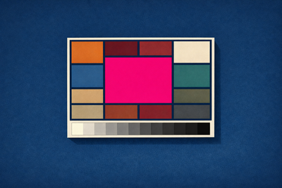 A 1990s-style color calibration card centered on a deep navy field, with a single saturated hot-pink test patch at its visual center surrounded by muted reference patches in amber, burgundy, azure, cream, and teal — placing the post's exemplar failing color (hot pink) inside the kind of display-calibration instrument WCAG's contrast formula was originally designed for, not the legibility test it has come to serve as today.