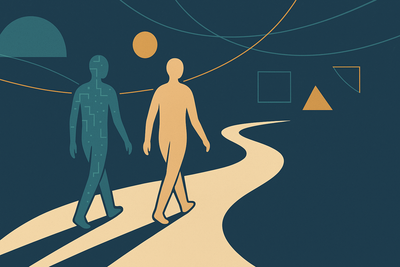 Two figures walking together along a path, representing the partnership journey of human and AI collaboration