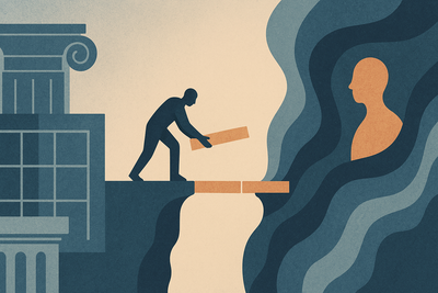 Figure placing a stone to build a bridge across a gap, with rigid geometric columns and grids on the left representing legal frameworks, and organic flowing shapes with a human silhouette on the right representing users