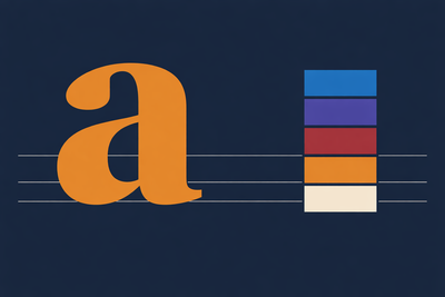 A warm amber serif letterform beside a vertical ladder of five color swatches (azure, purple, burgundy, amber, off-white) against a deep navy field, connected by thin horizontal baseline rules — Candor's typography and color presented as a single linked system, not independently chosen values.