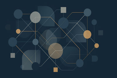 Abstract geometric network of interconnected nodes in blue and gold tones - an image where meaning is interpretive rather than explicit