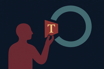 A closed teal-azure circular loop on a deep navy field with a clear gap on its left edge — the agent's reasoning circuit, missing where domain expertise should be. An abstract burgundy figure on the left offers a small burgundy piece toward the gap; the piece bears a single stylized serif capital letterform in warm amber at its center, marking it as a deliberately authored artifact carrying practitioner judgment the model could not generate on its own.