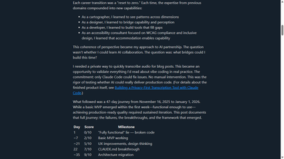 Dark-mode article body text with a failing link at 2.2 OKCA, visually indistinguishable from surrounding text