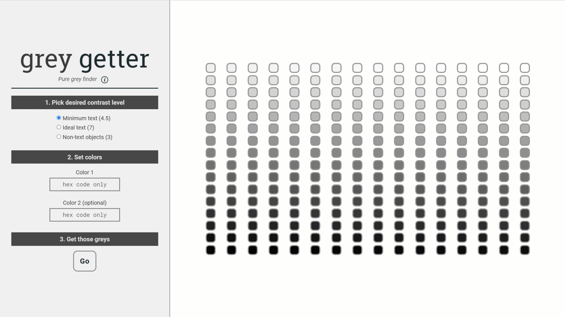 Grey Getter interface showing color input fields, contrast options, and a visualization that updates based on user choices