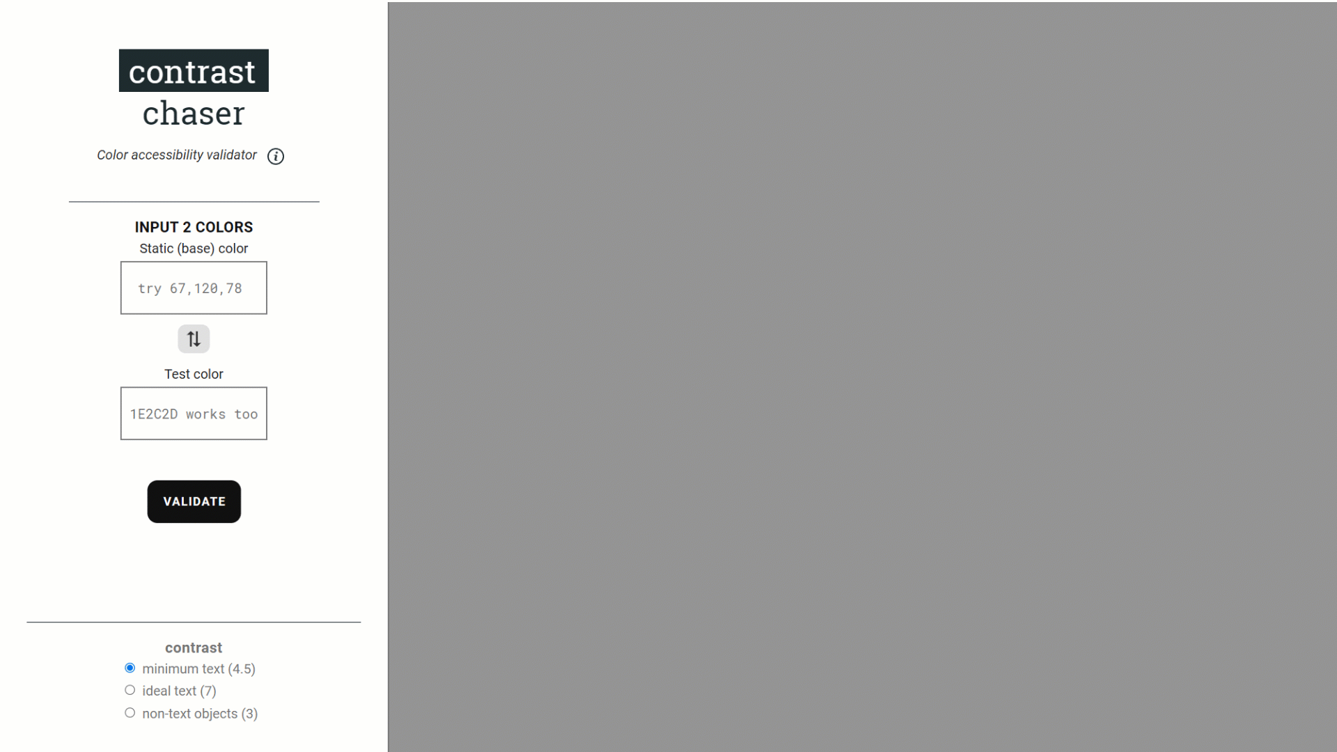 Contrast Chaser Zero interface combining color input, contrast measurement, and accessible color alternatives in a single application