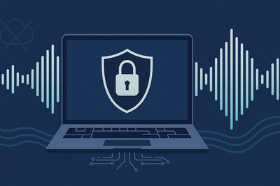 Laptop displaying shield with lock icon, surrounded by audio waveforms, representing local privacy-preserving transcription