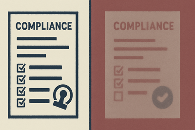A split-panel illustration divided by a sharp vertical seam. Left: a pristine compliance document with crisp navy and white contrast, a checkbox grid, and an approval stamp — perfectly legible and certified. Right: the same document as it might appear to someone with low vision — colors collapsed, contrast dissolved, text bleeding into the background, the certification mark indistinct. The two panels represent the gap between passing a compliance standard and actually being accessible.