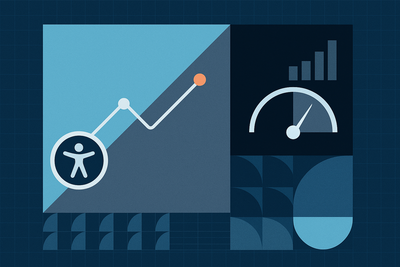 Data visualization showing accessibility metrics with an accessibility icon, trending graph, gauge chart, and bar chart in shades of blue and orange on a dark background