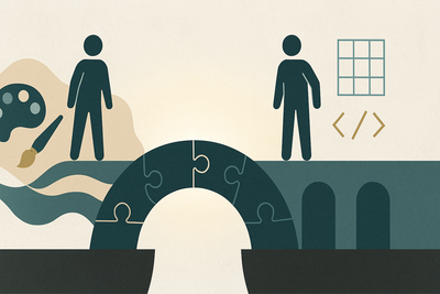 Two figures standing on opposite sides of a puzzle-piece bridge, one surrounded by creative tools like a paintbrush and palette, the other by technical symbols like code brackets and a grid, representing collaboration between creative vision and technical reality