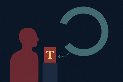 A dark red silhouette of a person stands at left, arm lowered, beside a navy pedestal holding a red tablet marked with an amber serif T. To the right, a teal loop with an open gap in its left side runs on its own. A dashed teal arrow leaves the loop and curves toward the tablet, stopping just short of it. The guidance was written and pointed to, but it never entered the agent's loop.